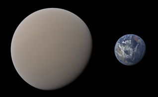 Vue d’artiste de la planète HD-40307 g et de la Terre