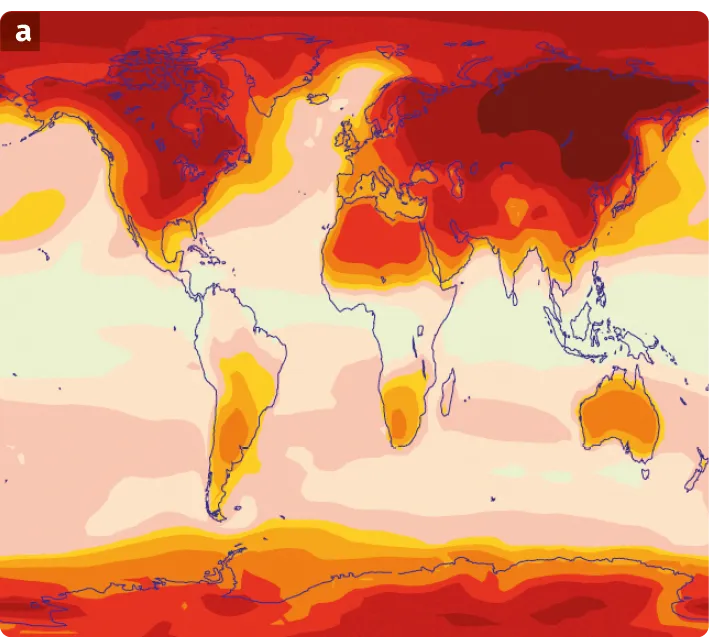 Carte des écarts de température été-hiver prévues par un modèle climatique